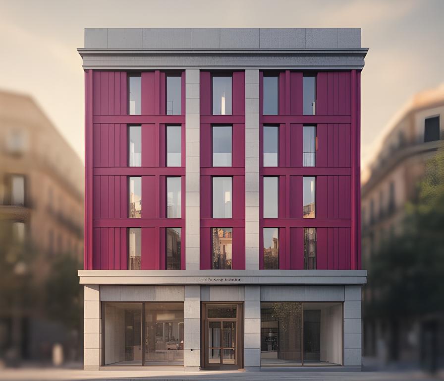 Fachada moderna de un despacho de abogados en Madrid con luz suave de tarde